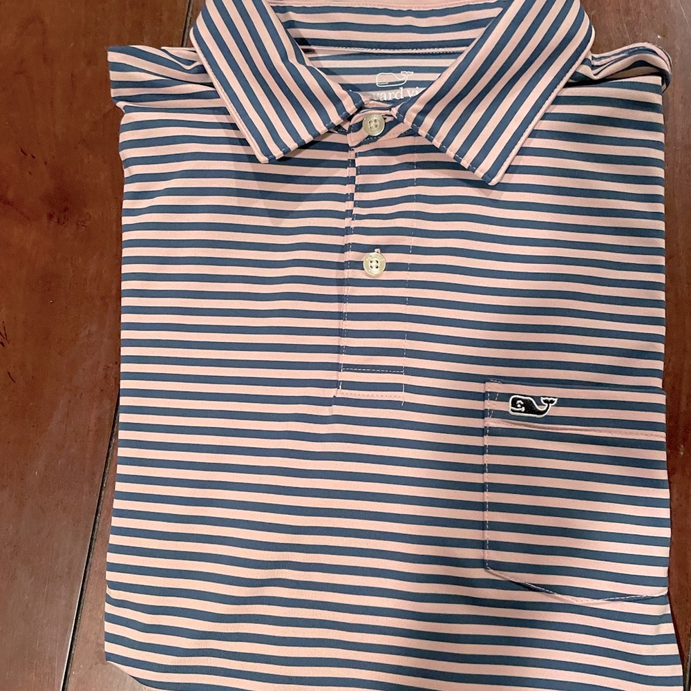 Mens Small performance Polo in light Pink and Navy by Vineyard Vines